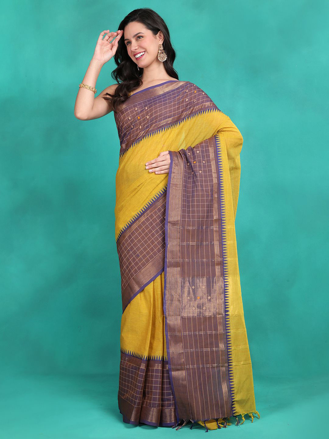 

Sangria Woven Design Tasseled Saree With Blouse Piece, Yellow