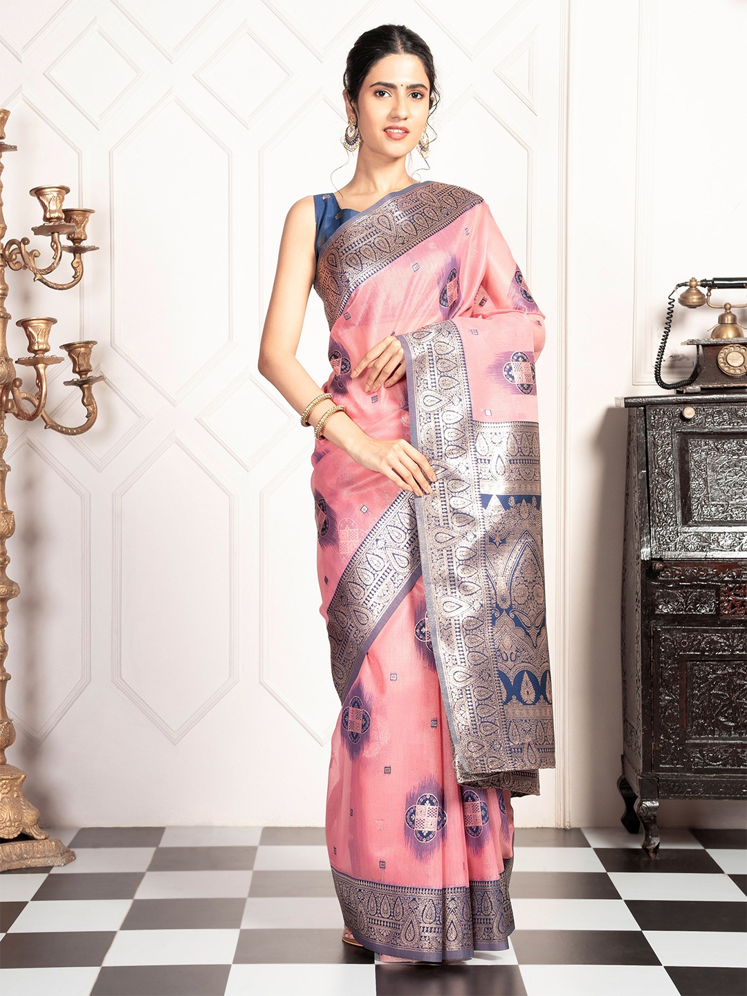 

MIMOSA Woven Design Zari Art Silk Kanjeevaram Saree, Pink