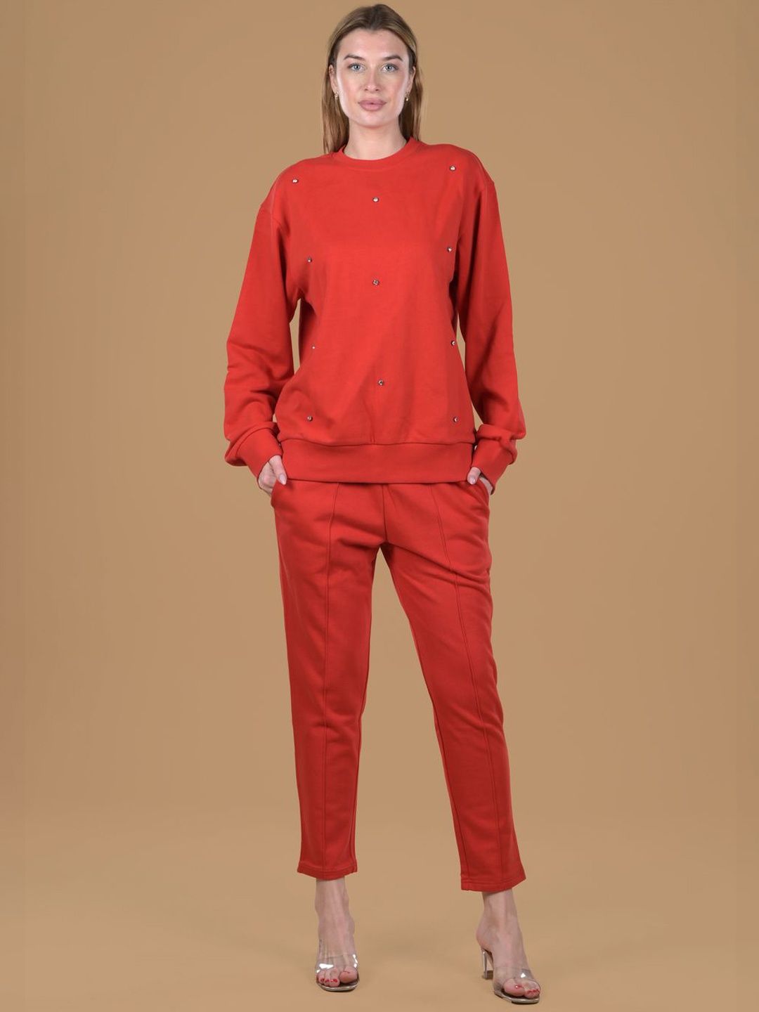 

Antimony Round Neck Embellished Sweatshirt With Trouser, Red