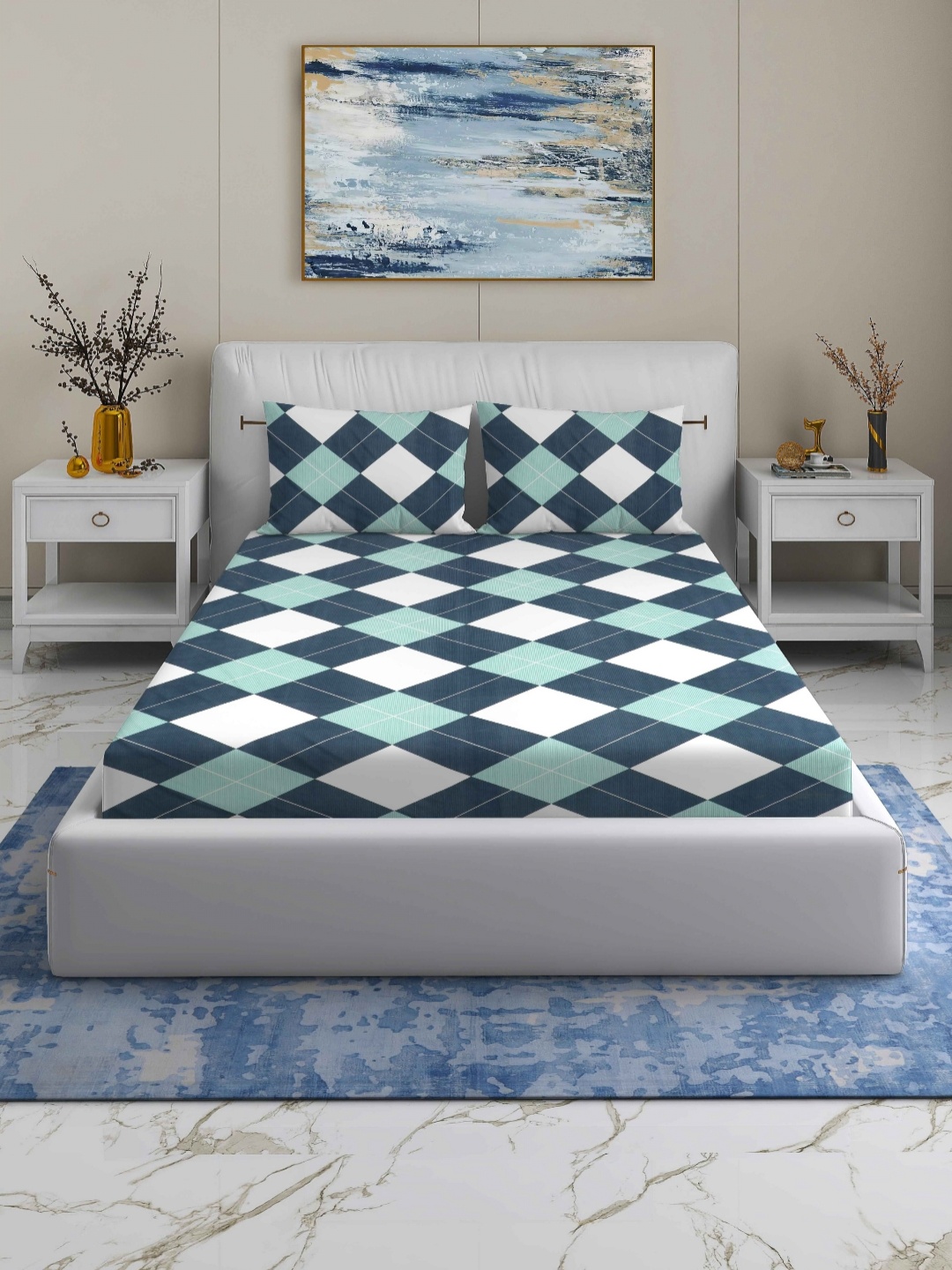 

Quirky Home White & Green Geometric 180 TC Queen Bedsheet with 2 Pillow Covers