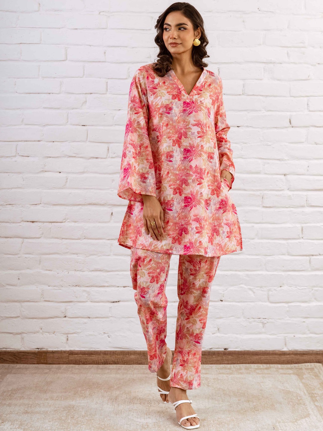 

HUKUM Printed Pure Cotton Tunic With Trousers Co-Ords Set, Pink