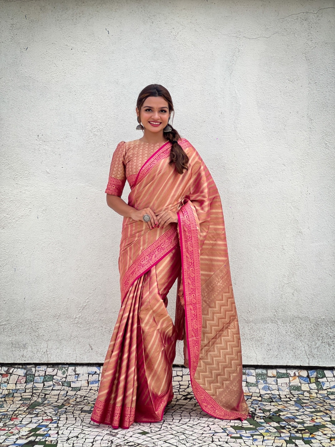 

LeeliPeeri Designer Striped Zari Silk Blend Leheriya Saree, Peach