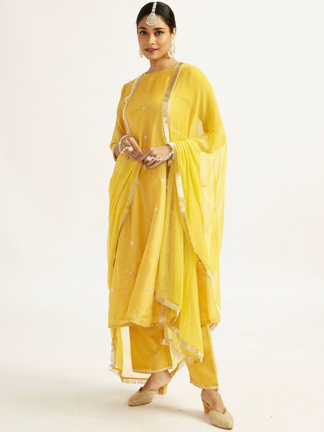 

VASTRAMAY Women Ethnic Motifs Embroidered Empire Thread Work Kurta with Pyjamas & With Dupatta, Mustard