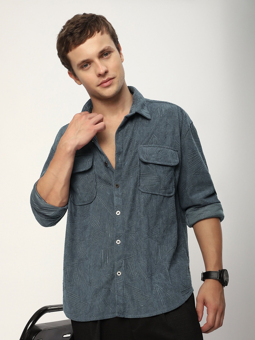 

Beyoung Tribal Textured Corduroy Shirt, Teal