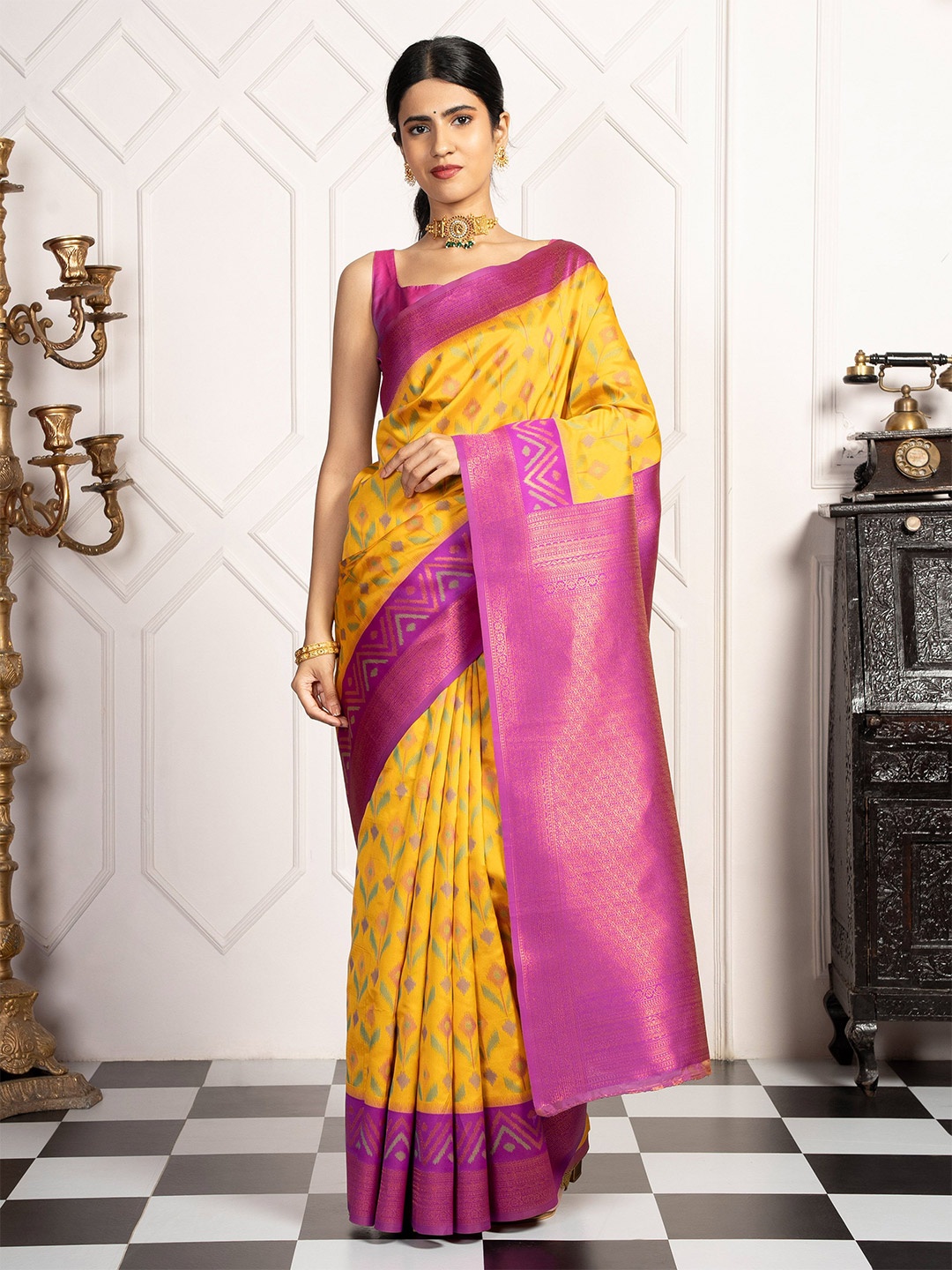 

MIMOSA Floral Woven Design Zari Pochampally Saree, Gold