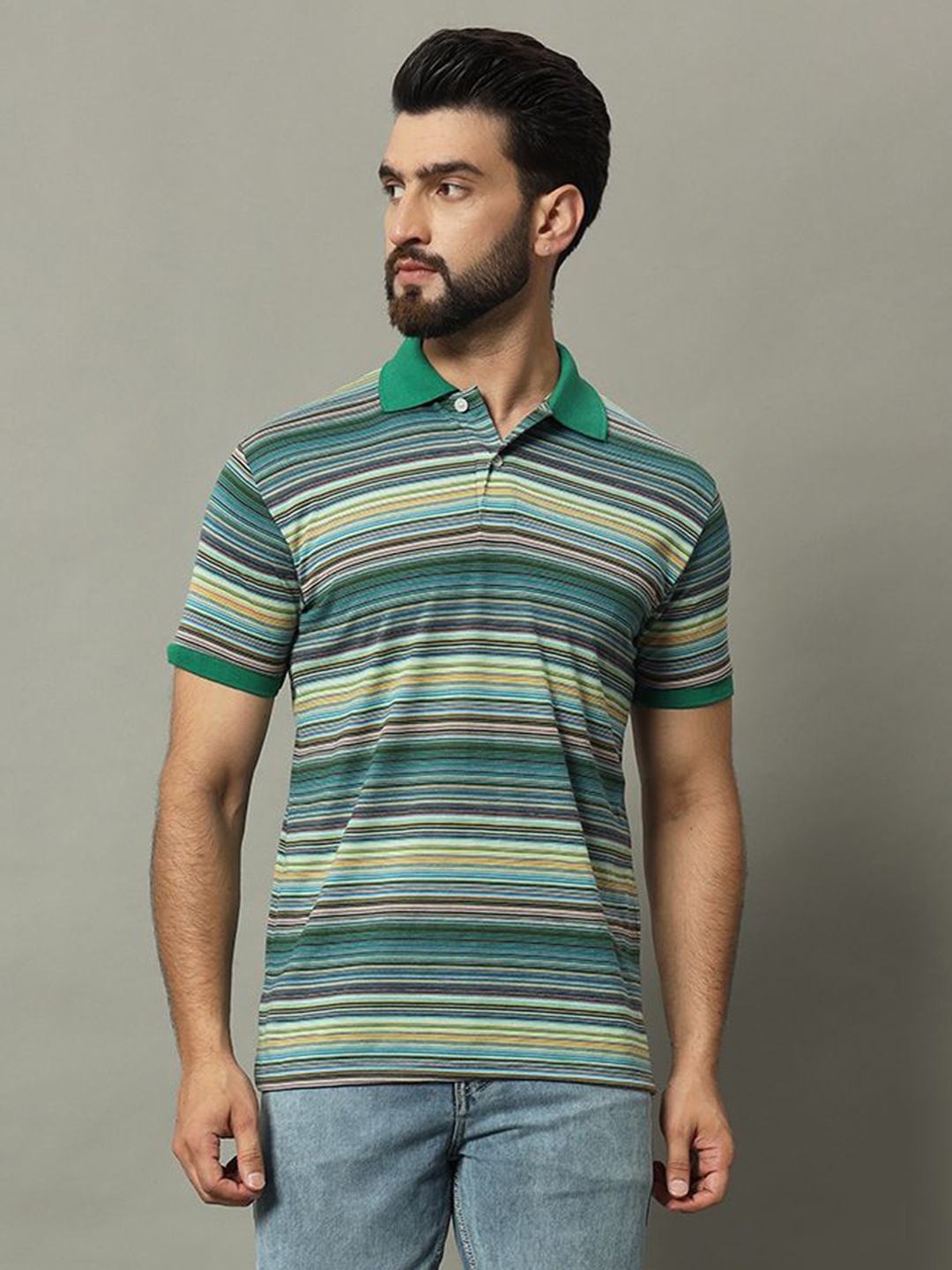 

GET GOLF Men Striped Polo Collar Cotton T-shirt, Green