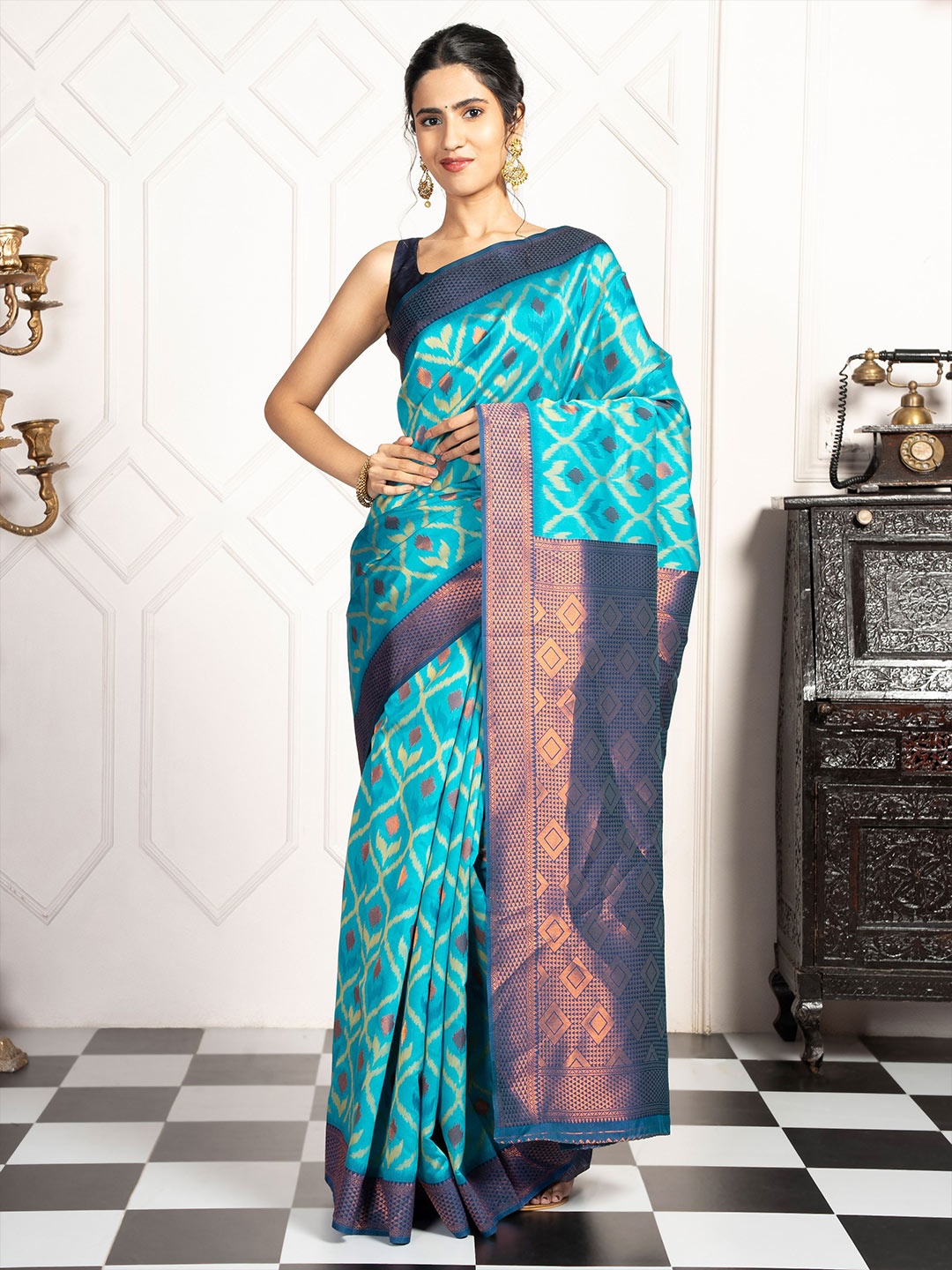 

MIMOSA Woven Design Zari Pochampally Saree, Turquoise blue