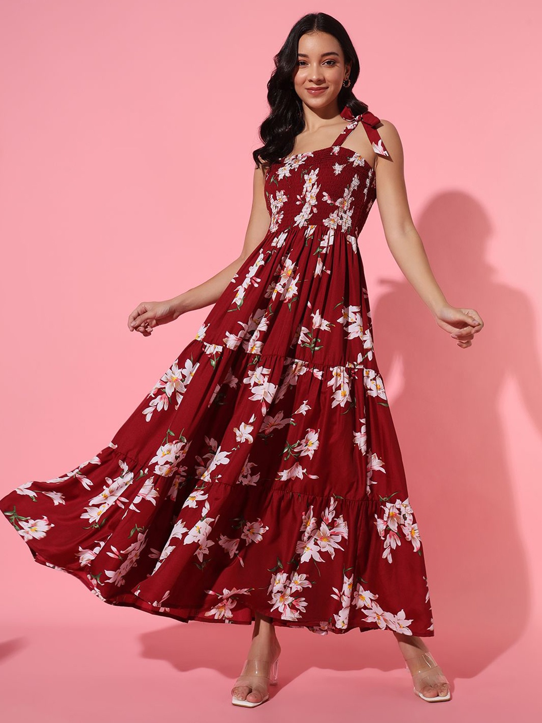 

BAESD Floral Print Tie-Up Neck Crepe Fit & Flare Maxi Dress, Maroon
