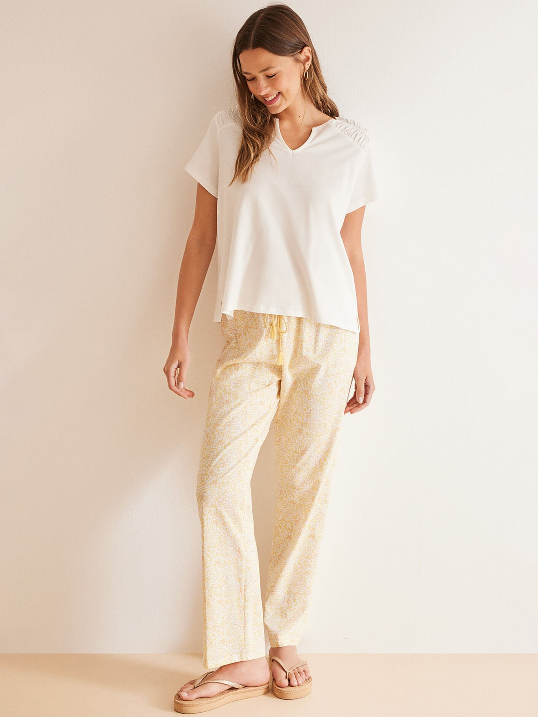 

women'secret Ethnic Motifs Printed Pure Cotton Night Suit, White