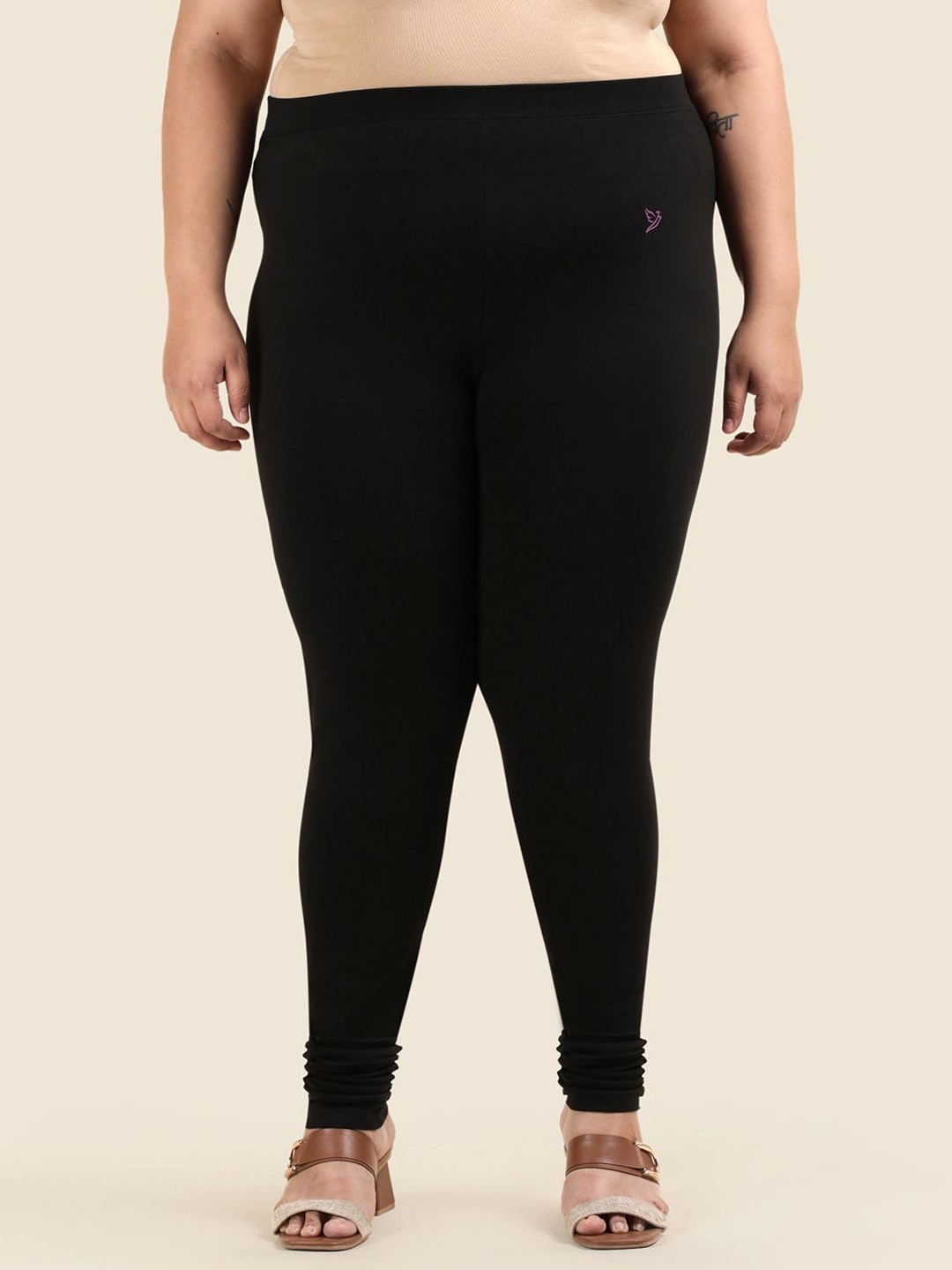 

TWIN BIRDS Plus Size Women Solid Super Stretch Cotton Churidar Length Leggings, Black