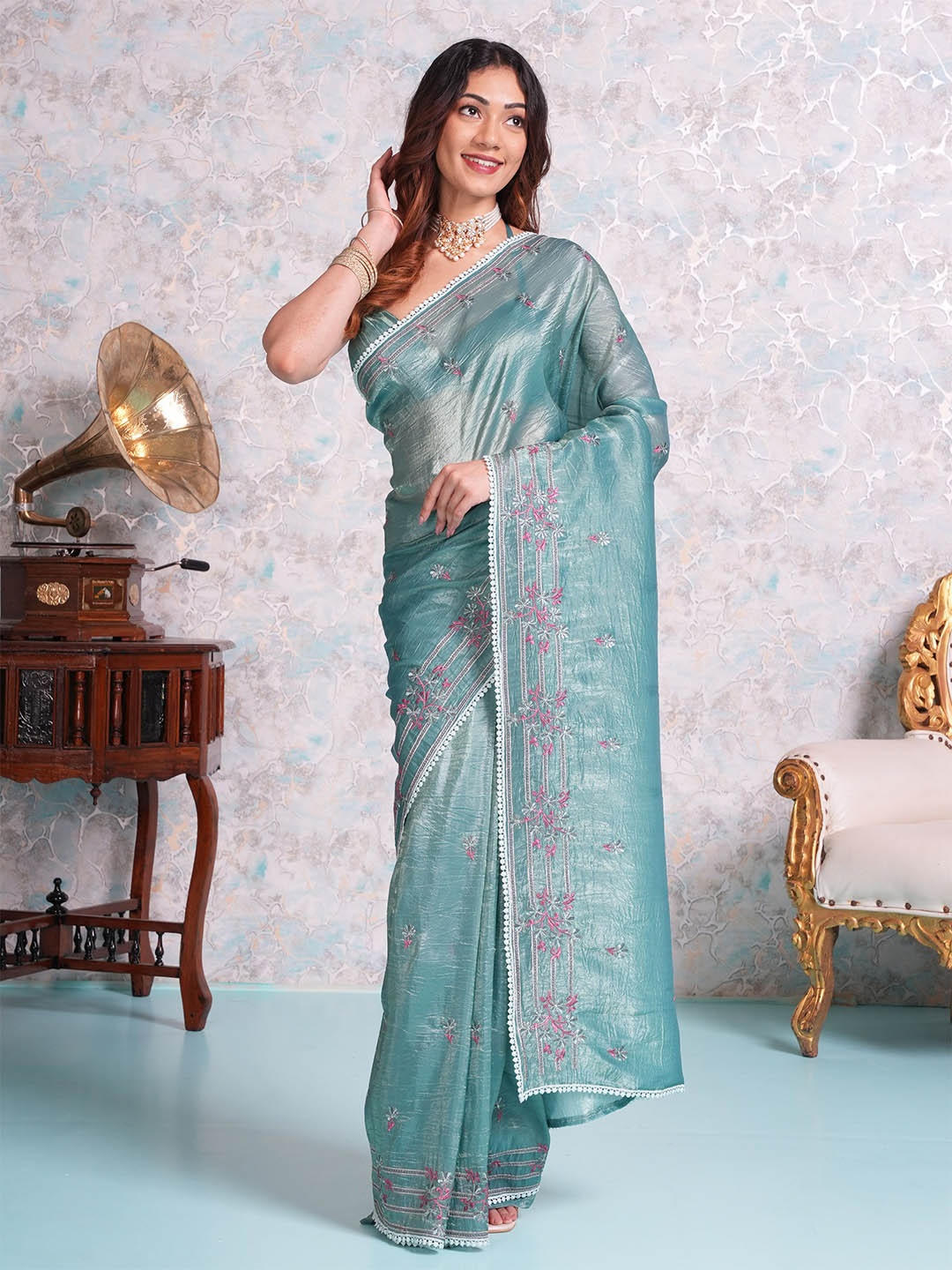 

MIMOSA Floral Embroidered Banarasi Saree, Turquoise blue