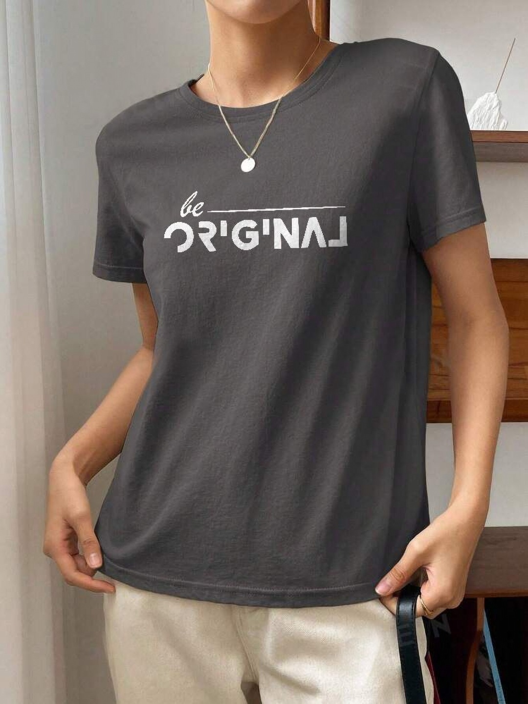

BOMBAE TEES Women Typography Extended Sleeves Bio Finish Pockets T-shirt, Grey