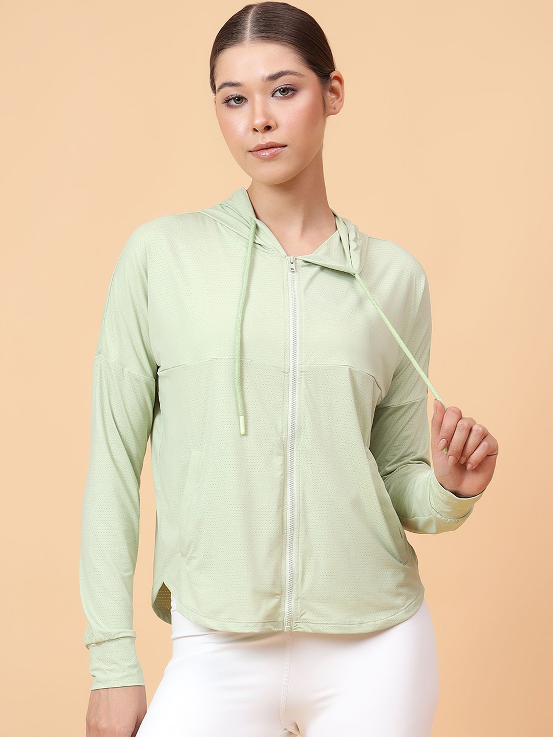 

Fitkin Women Lightweight Self Design Hooded Jacket, Green