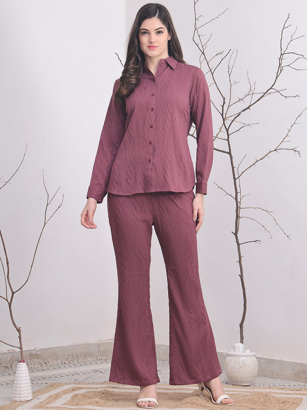 

Claura Self Design Long Sleeves Shirt With Trousers, Purple