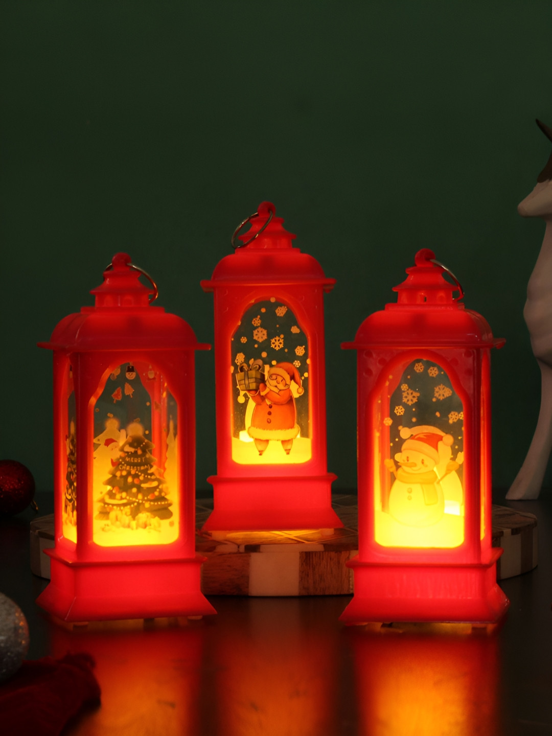

TIED RIBBONS Set of 3 Christmas Decorative Flameless LED Lanterns Candles, Red