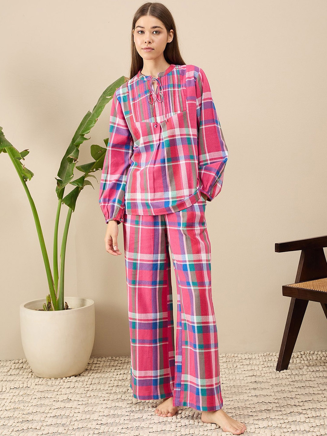 

July Women Checked Night suit, Pink