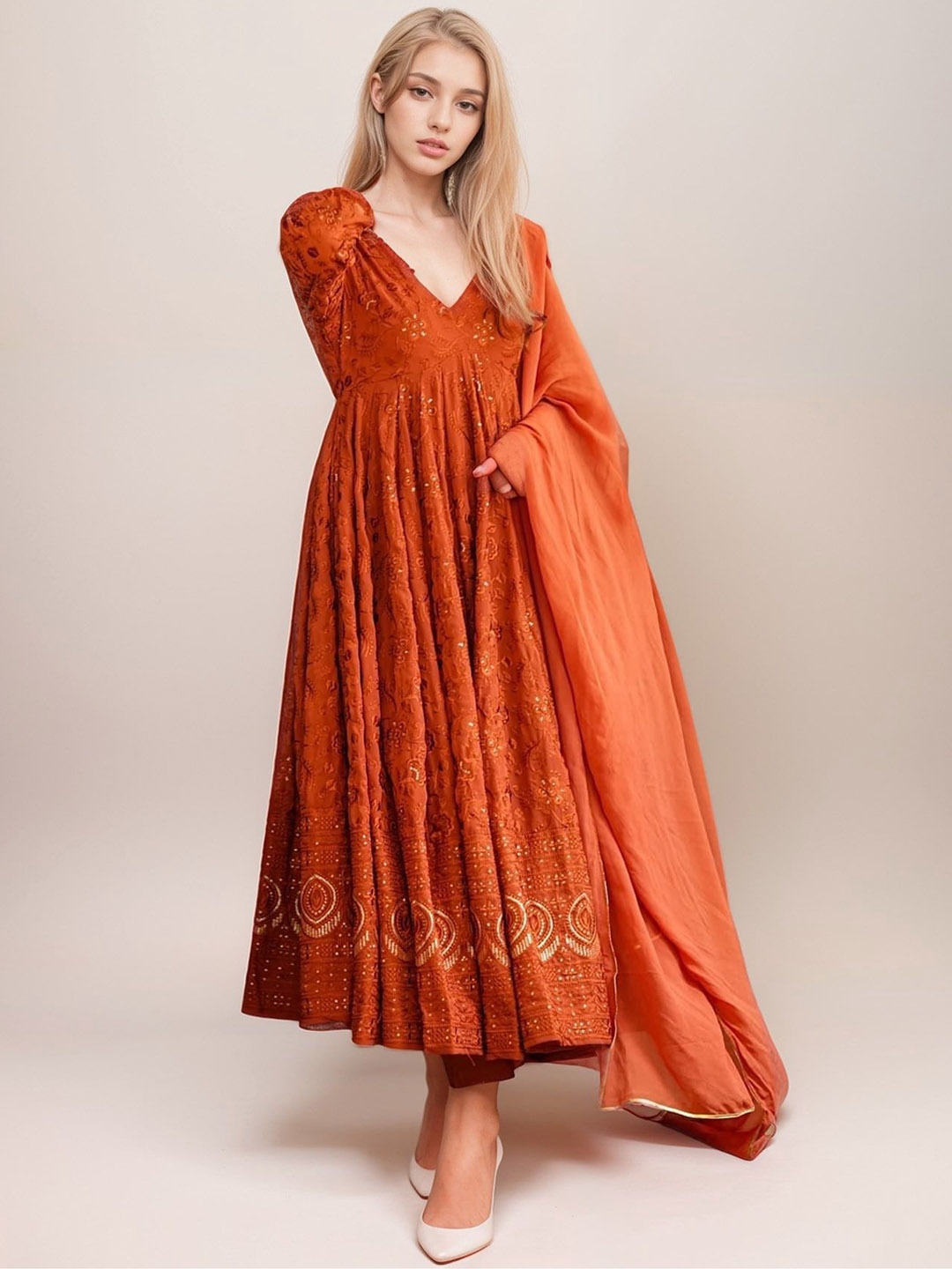 

Vama Heritage Women Embroidered Regular Silk Georgette Kurta with Trousers & With Dupatta, Orange