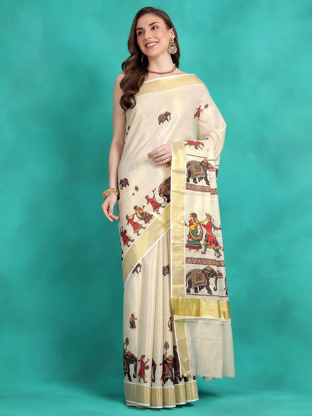 

Sangria Printed Kasavu Saree With Zari Border, Cream