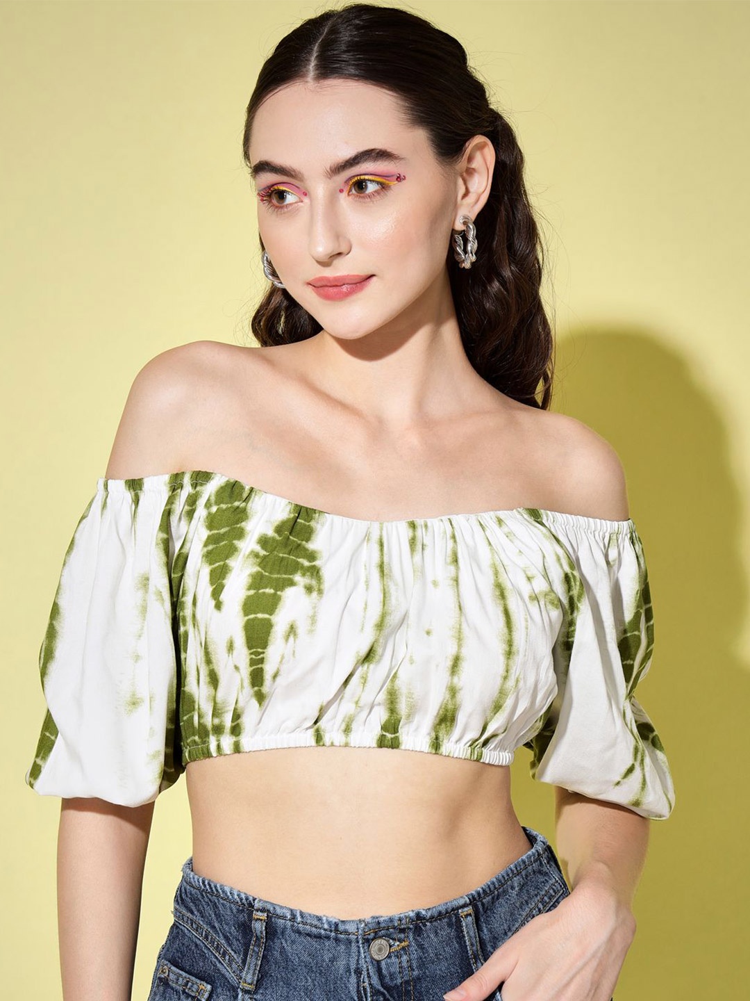 

BAESD Tie and Dye Puff Sleeve Crop Top, White