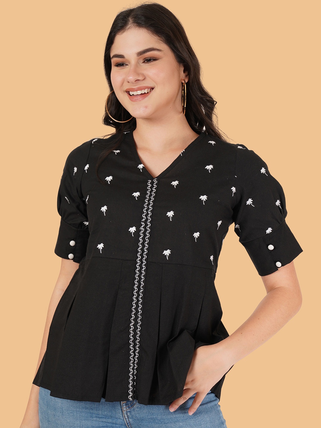 

Brownverse Embellished Embroidered Cotton Top, Black