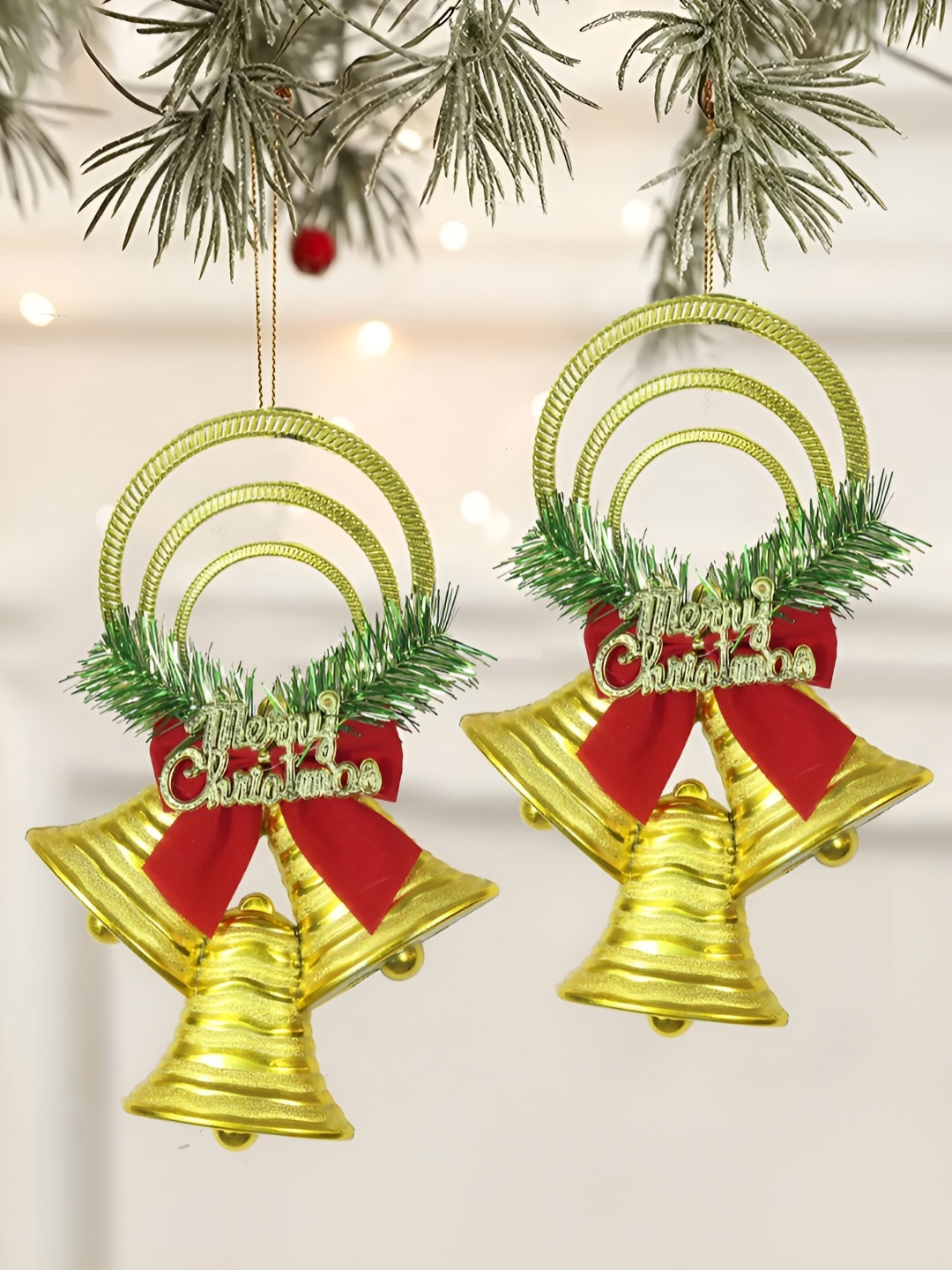 

TIED RIBBONS Gold Toned & Red 2 Pieces Christmas Tree Bells Festive Decor