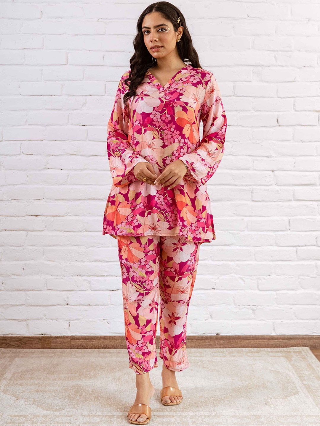 

HUKUM Floral Printed Pure Silk Top With Trousers Co-Ords, Purple
