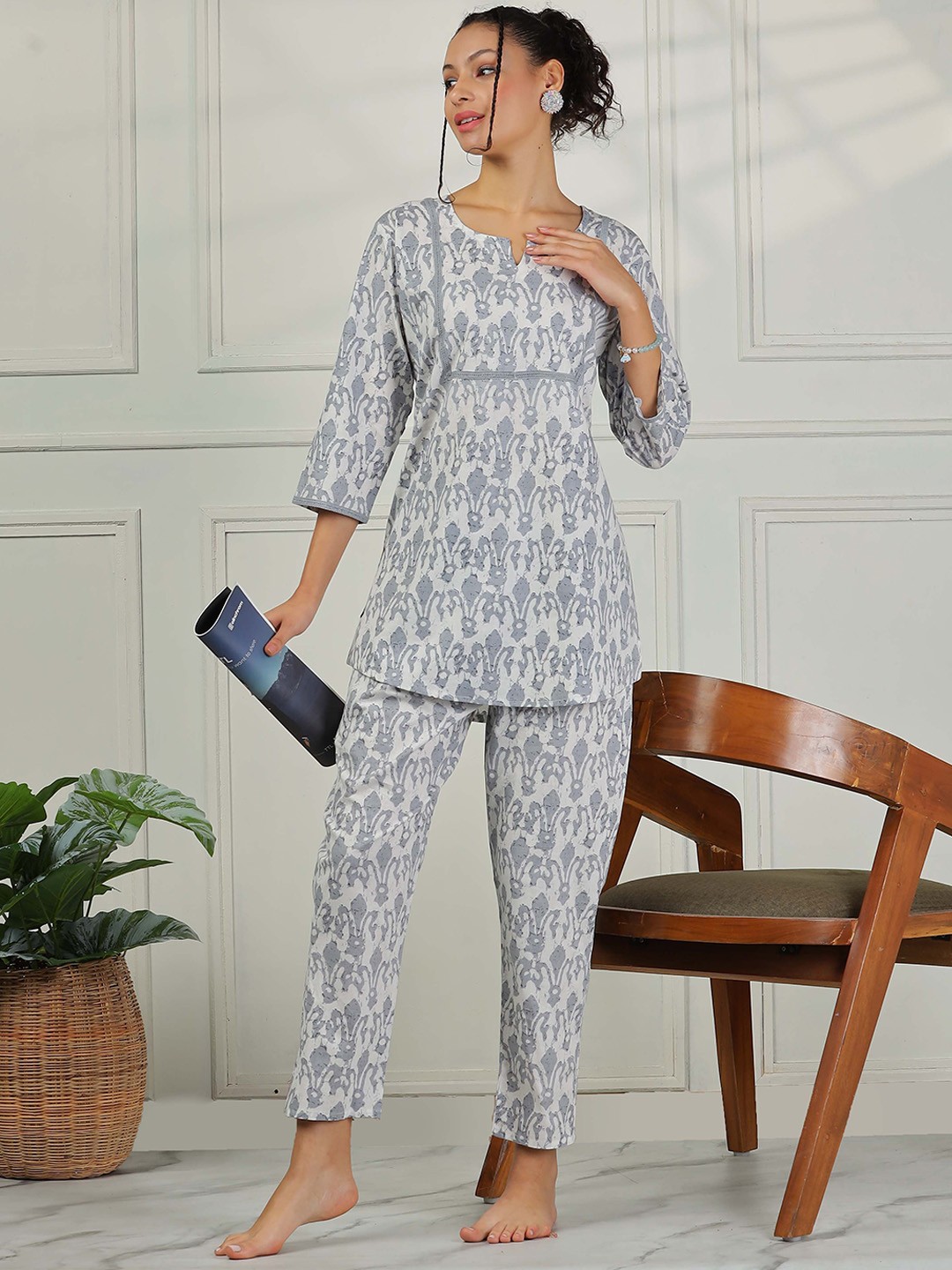 

9shines Label Printed Pure Cotton Night suit, Grey