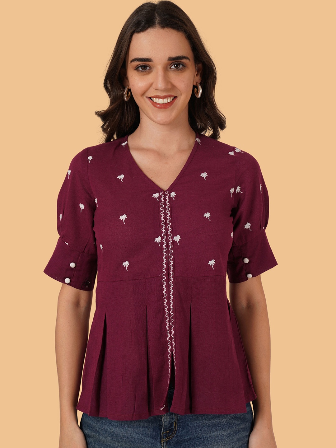 

Brownverse Embellished Embroidered Cotton Top, Maroon