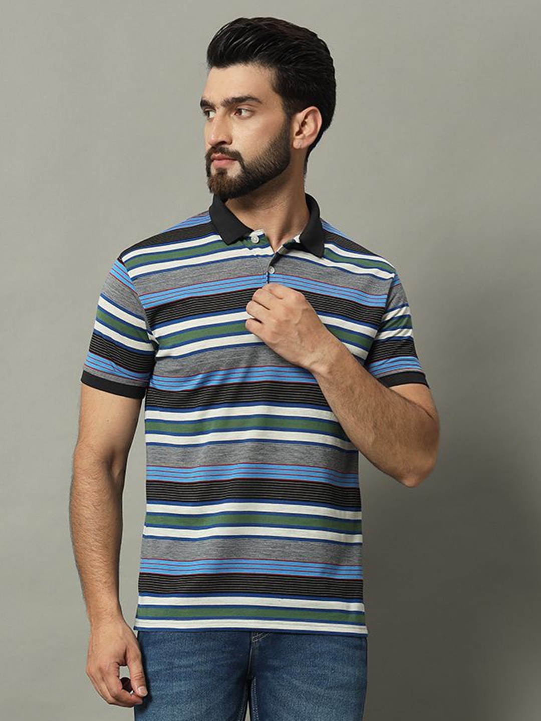 

GET GOLF Men Striped Polo Collar Cotton T-shirt, Blue