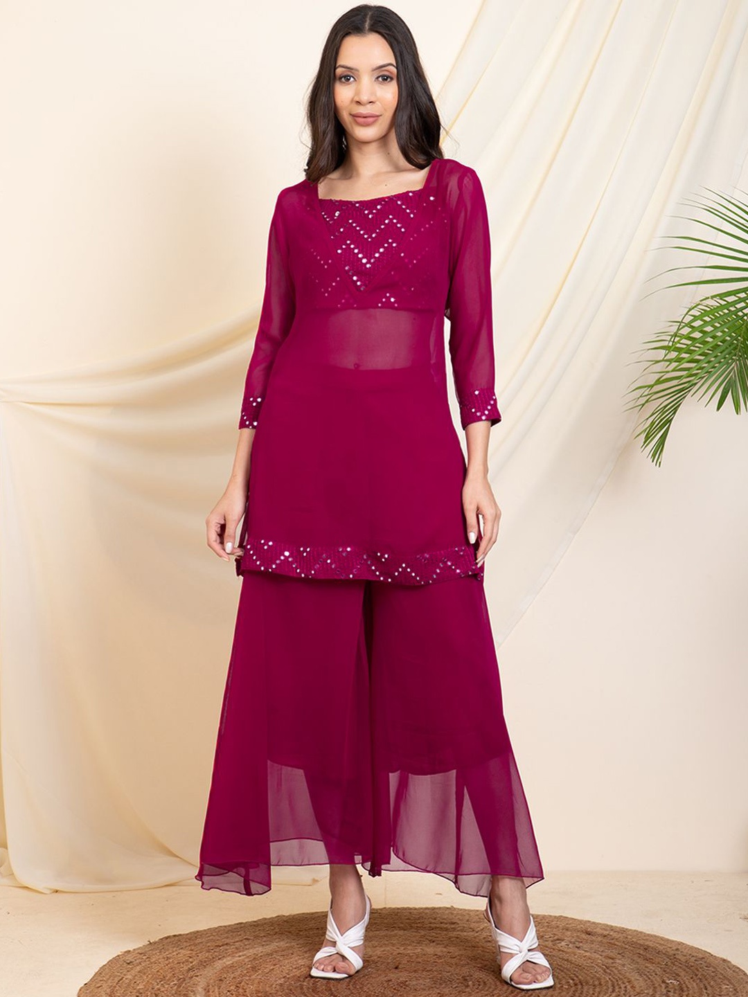 

DEEBACO Embroidered Round Neck Top & Tunic With Palazzo, Magenta