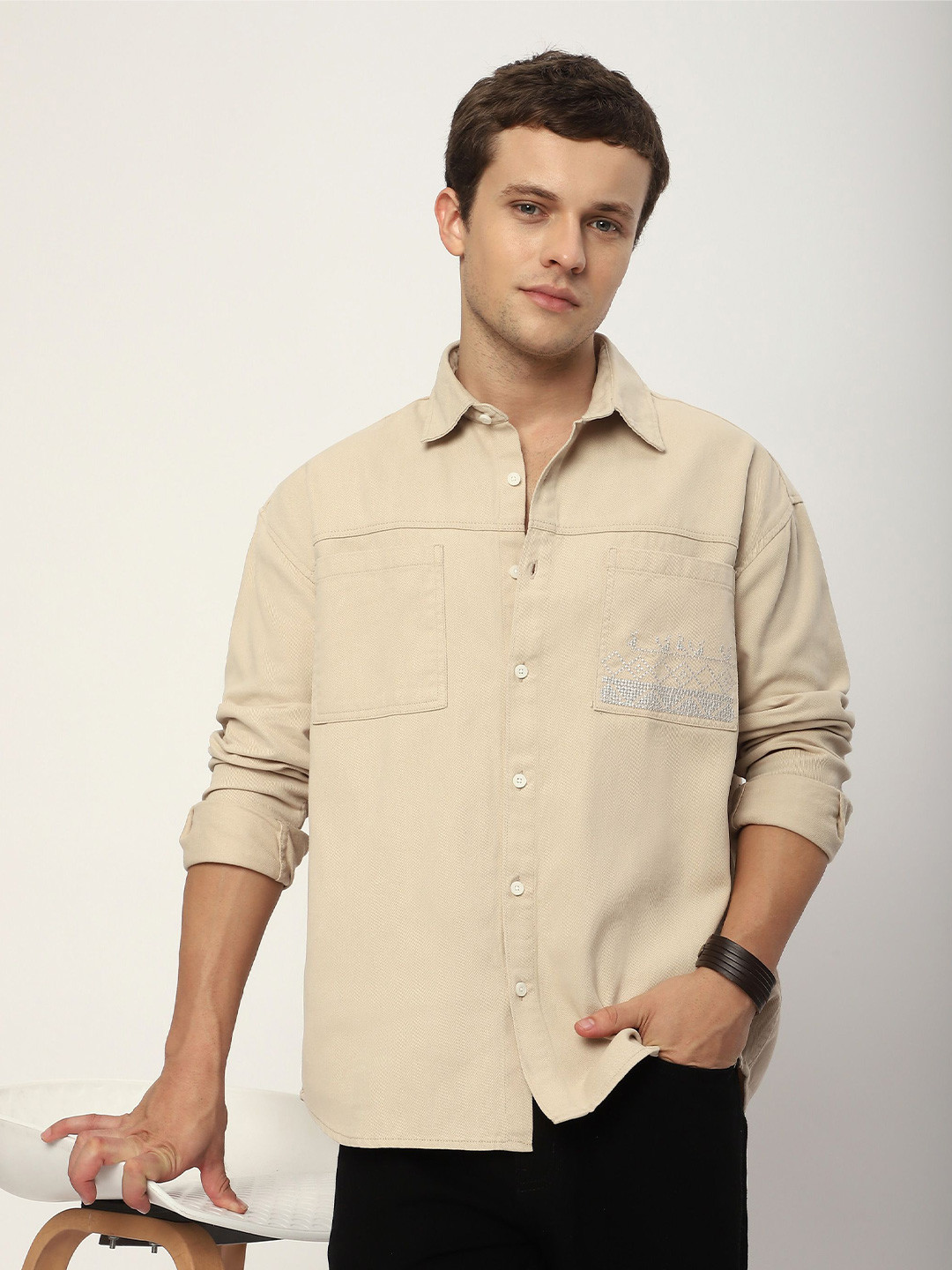 

Beyoung Men Spread Collar Solid Cotton Relaxed Fit Casual Shirt, Cream