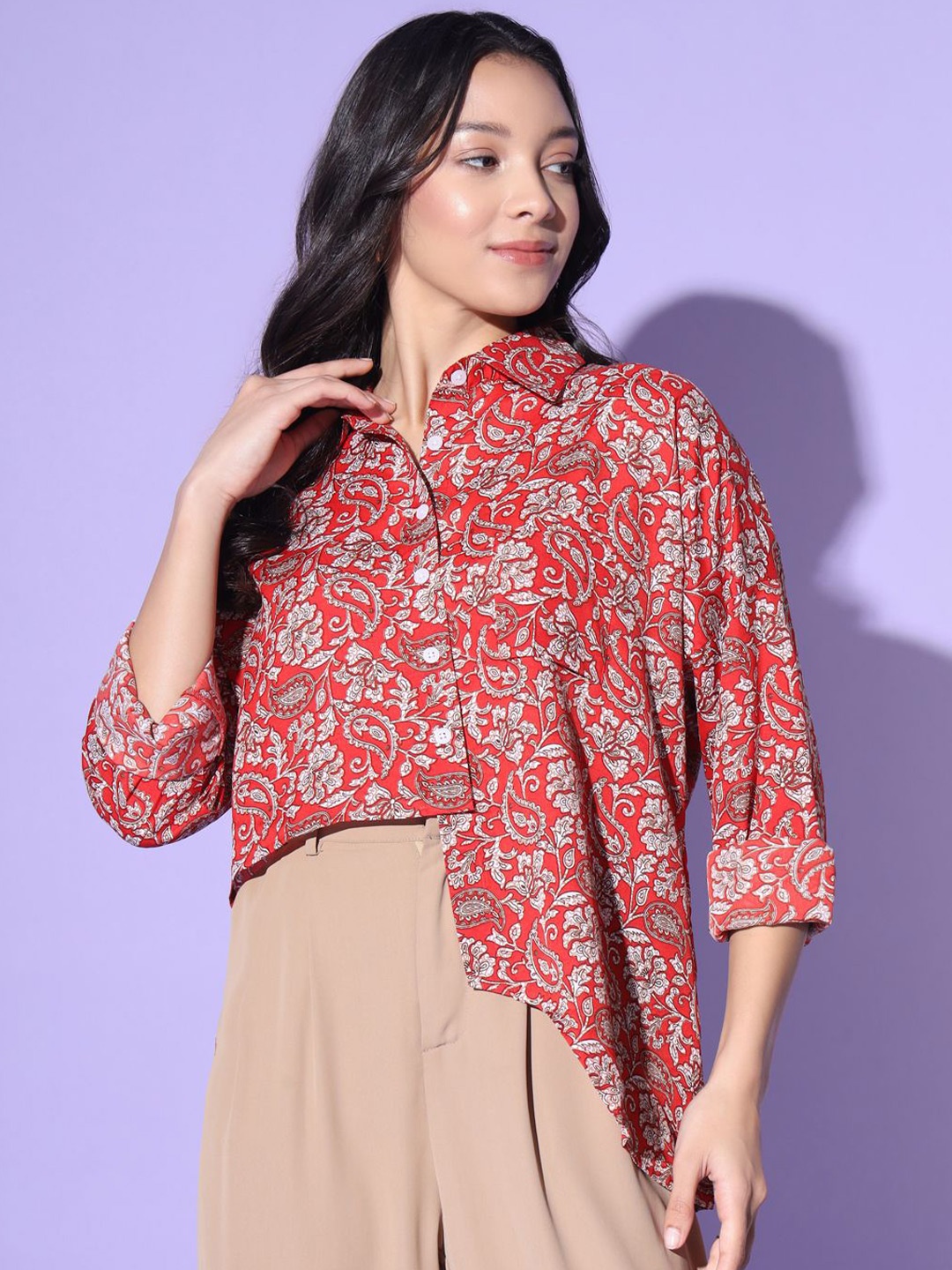 

BAESD Women Modern Tailored Fit Opaque Printed Casual Shirt, Red