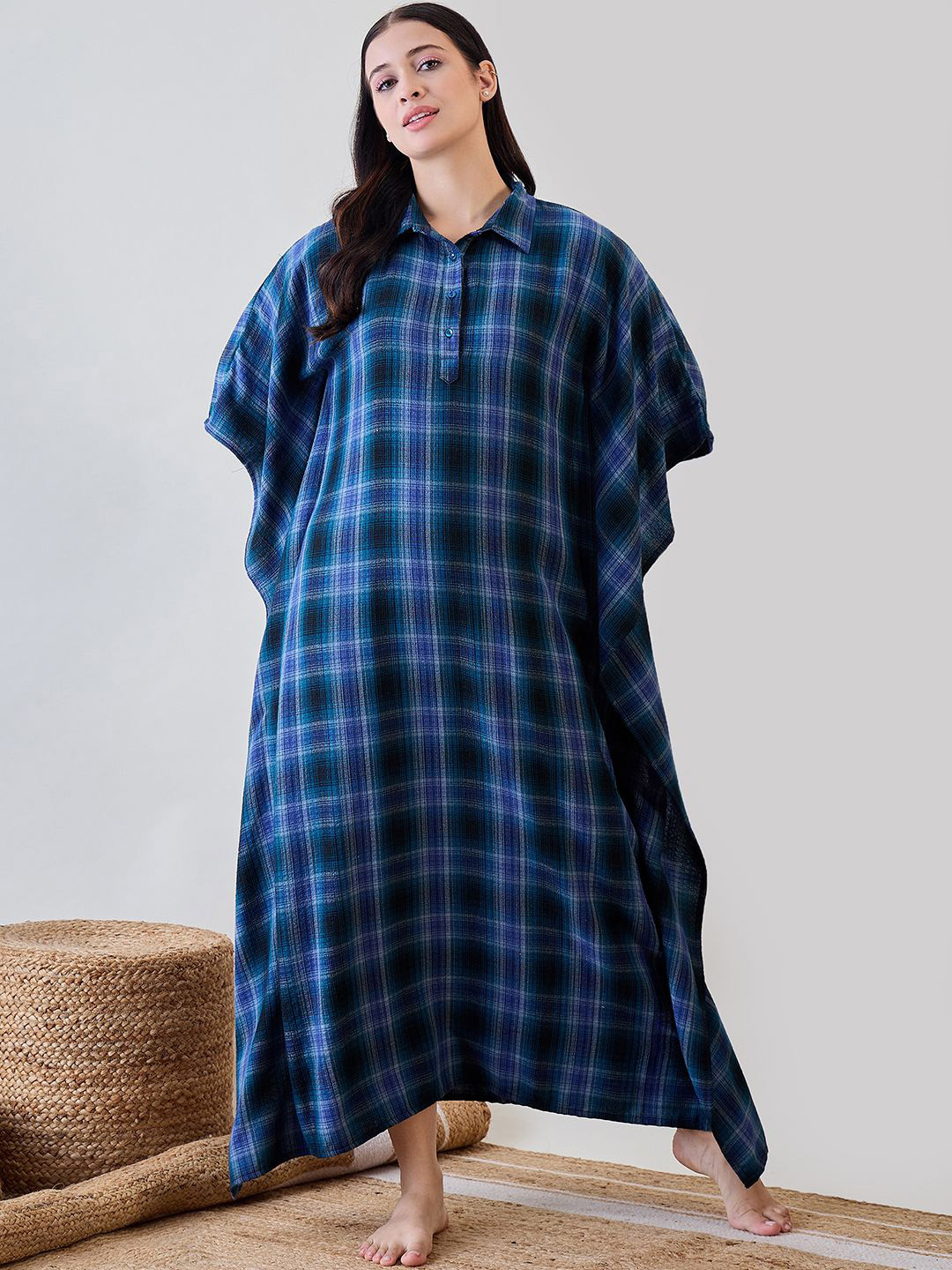 

The Kaftan Company Checked Nightdress, Blue