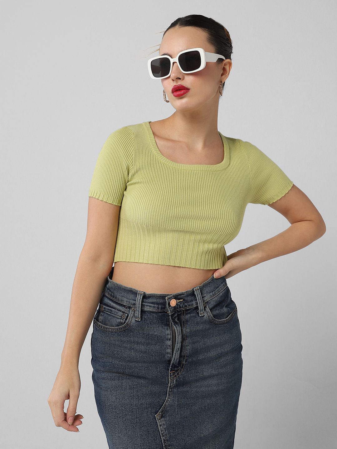

SHOWOFF Women Square Neck Fitted Crop Top, Green