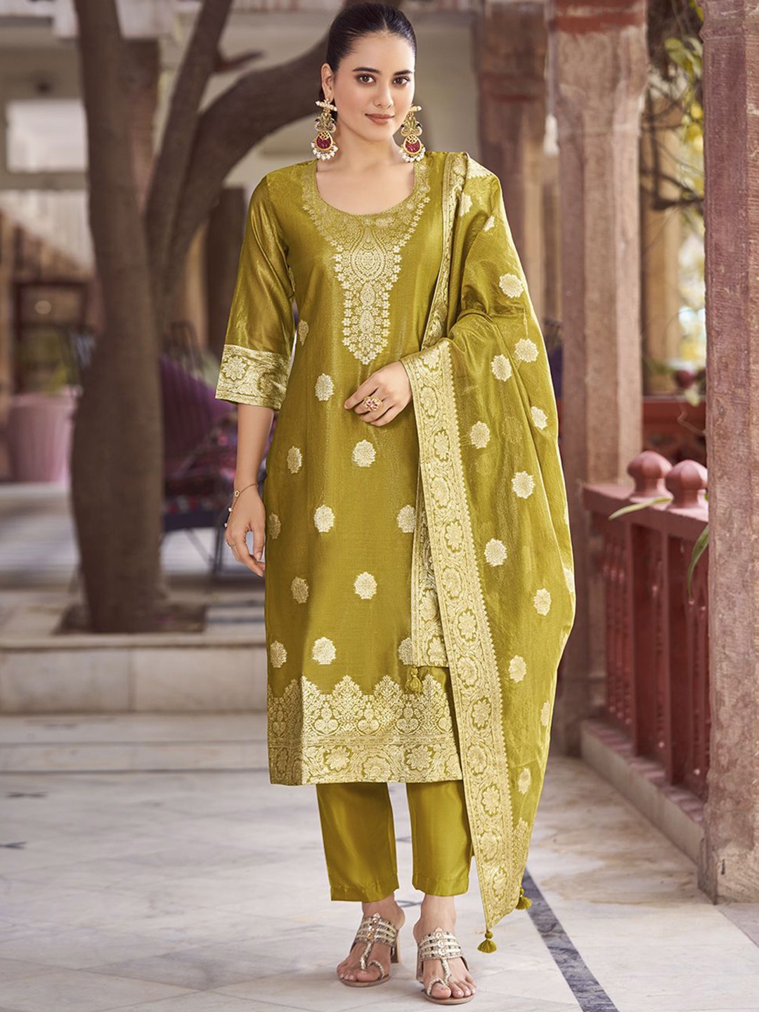 

KALINI Women Woven Straight Silk Blend Kurta with Trousers & With Dupatta, Green