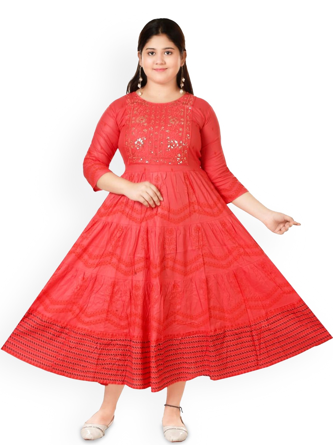 

BAESD Girls Embroidered Cotton Gown Midi-Length Ethnic Dresses, Red