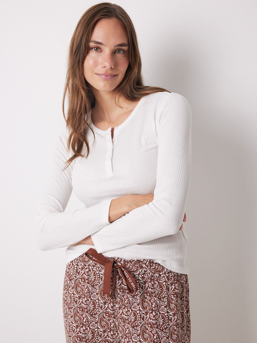 

women'secret Long Sleeves Ribbed Knitted Lounge T-Shirt, White