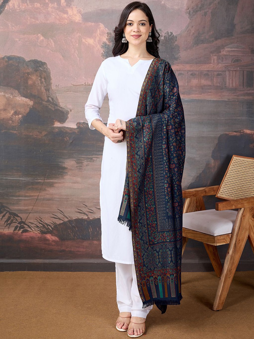 

House of Pataudi Women Ethnic Woven Design Shawl, Navy blue
