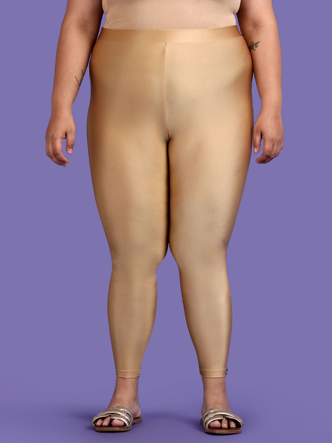 

TWIN BIRDS Plus Size Women Solid Comfort Fit Ankle-Length Shimmer Leggings, Yellow