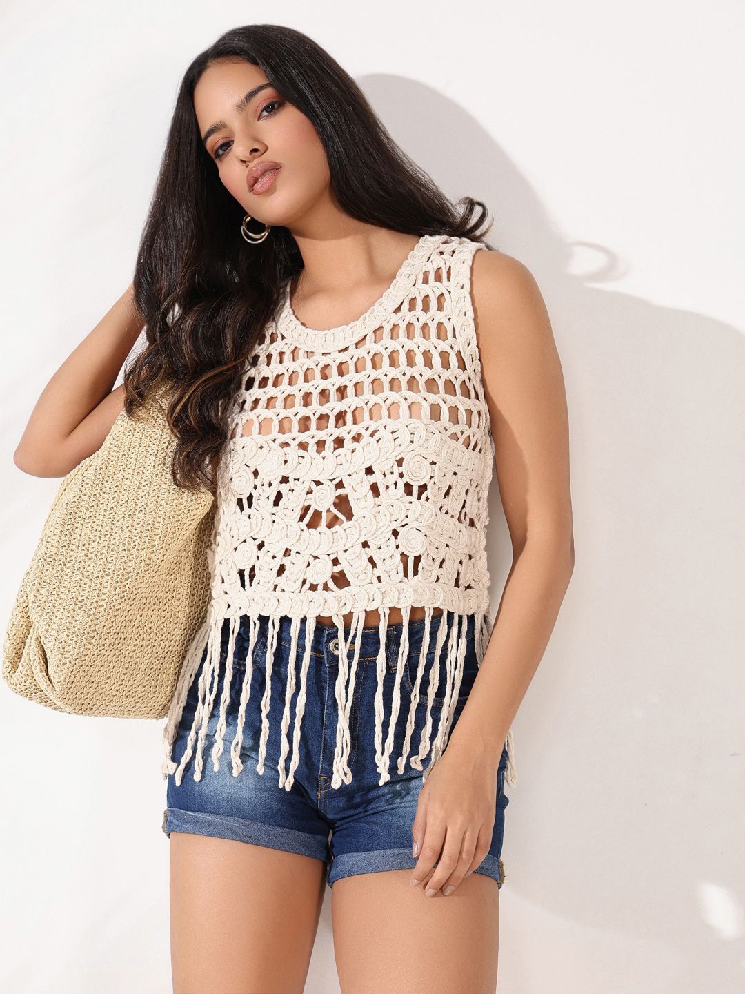 

SHOWOFF Women Self Design Crochet Crop Top, Cream