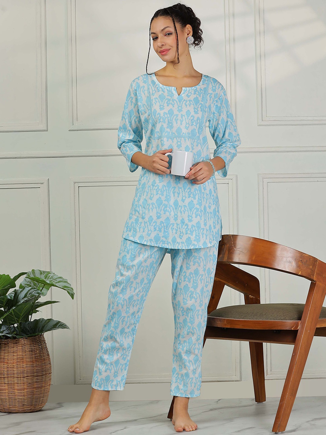 

9shines Label Printed Pure Cotton Nightsuit, Blue