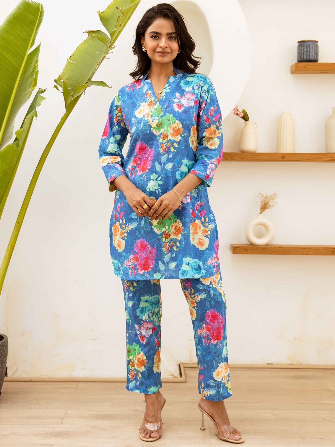 

HUKUM Printed Pure Cotton Tunic With Trousers Co-Ords, Blue