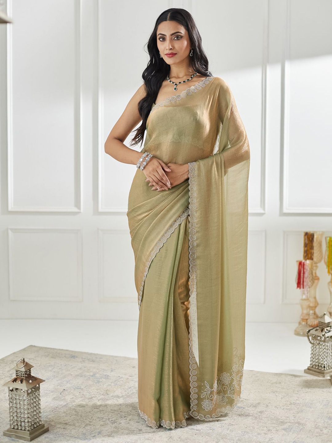 

kasee Beads and Stones Silk Blend Saree, Olive