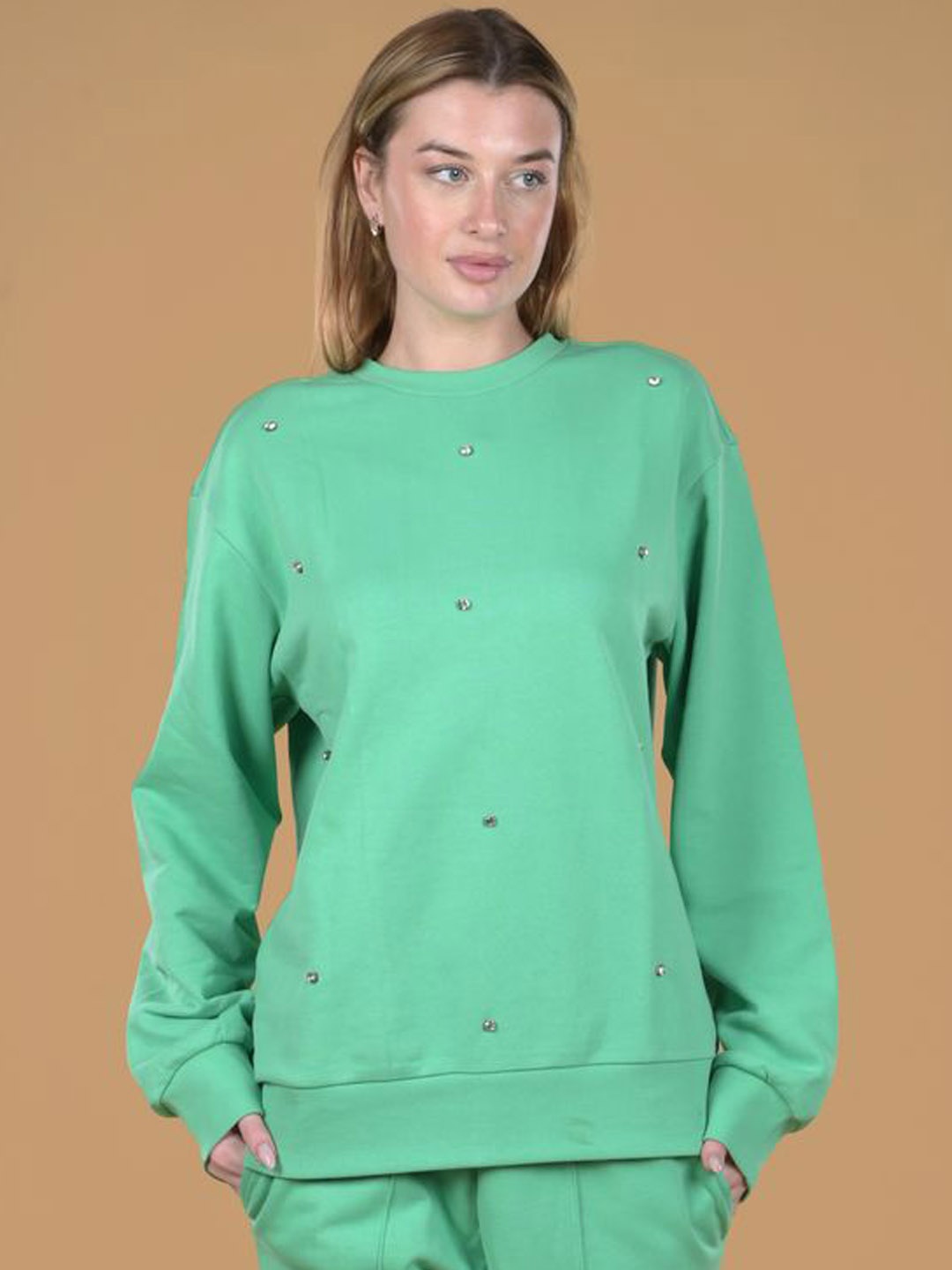 

Antimony Round Neck Embellished Sweatshirt With Trouser, Green