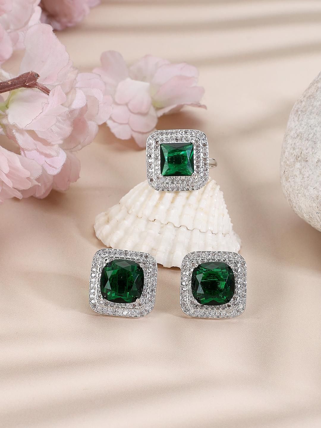

ANIKAS CREATION Silver-Plated American Diamond Studded Finger Ring and Earrings