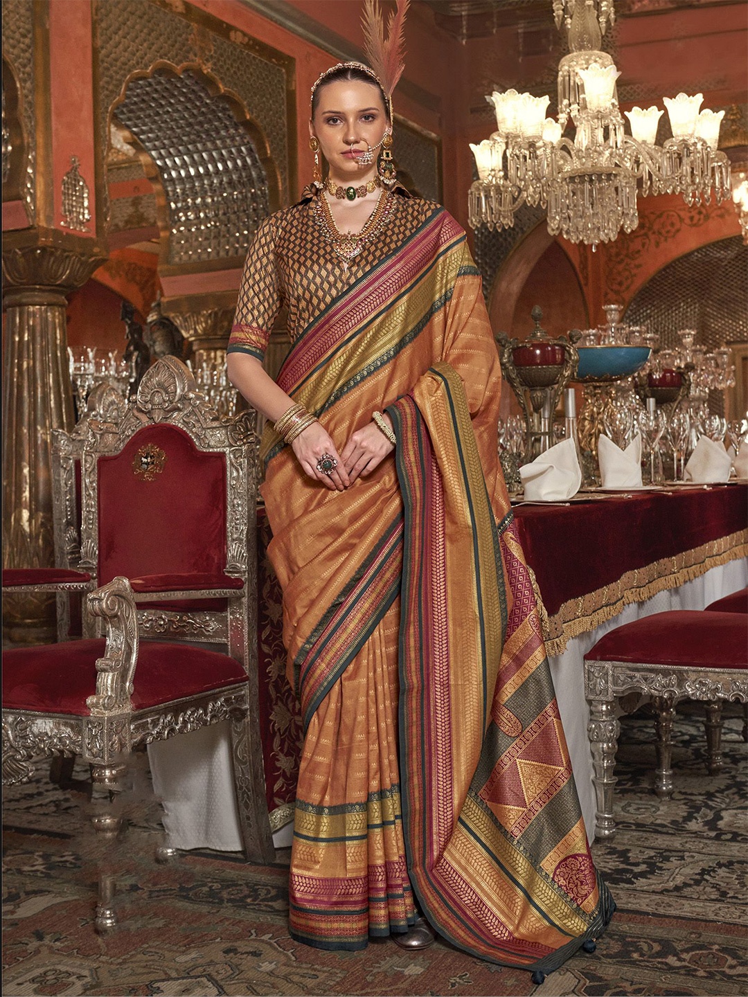 

elora Striped Zari Pure Silk Kanjeevaram Saree, Orange