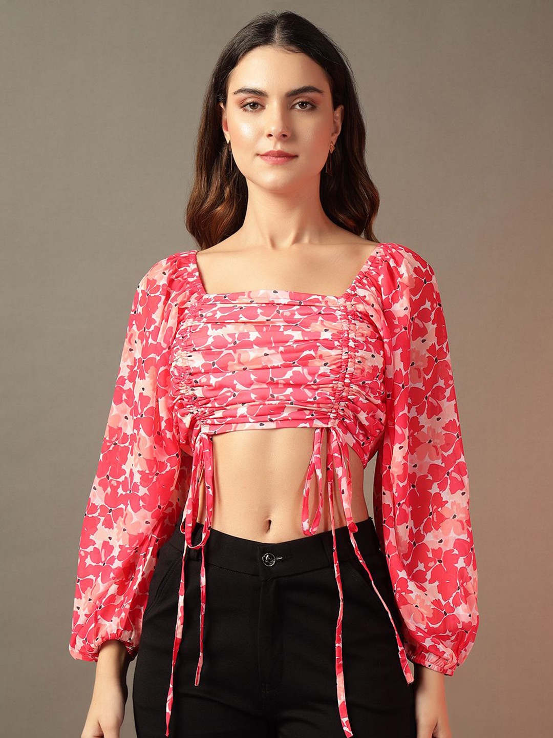 

Trend Arrest Floral Print Puff Sleeve Georgette Crop Top, Pink