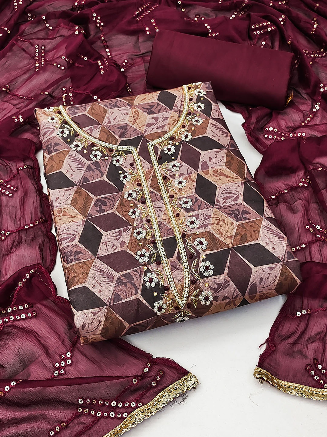 

Maroosh Embellished Unstitched Dress Material, Burgundy