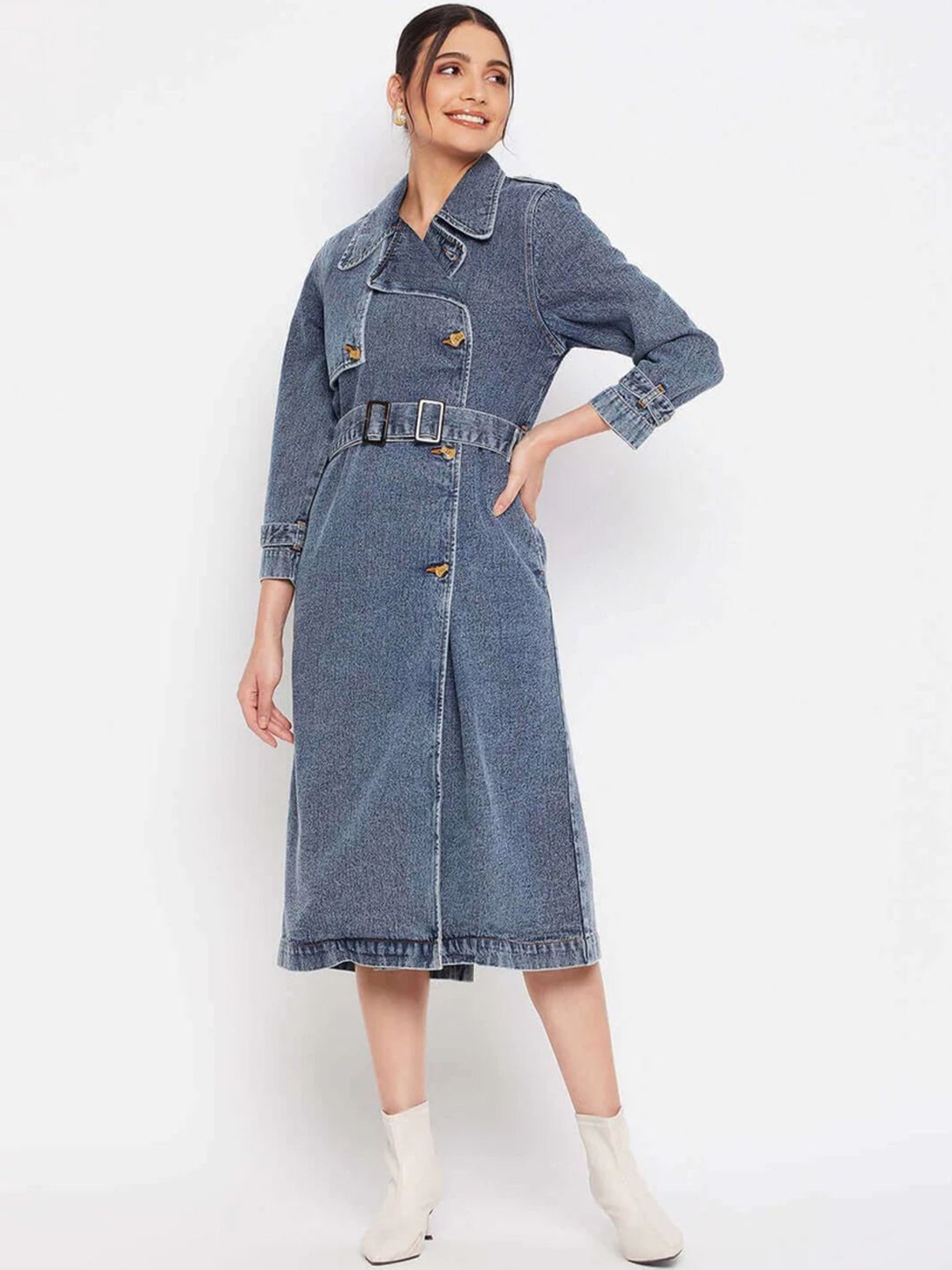 

Antimony Denim Shirt Collar Trench Coat, Blue