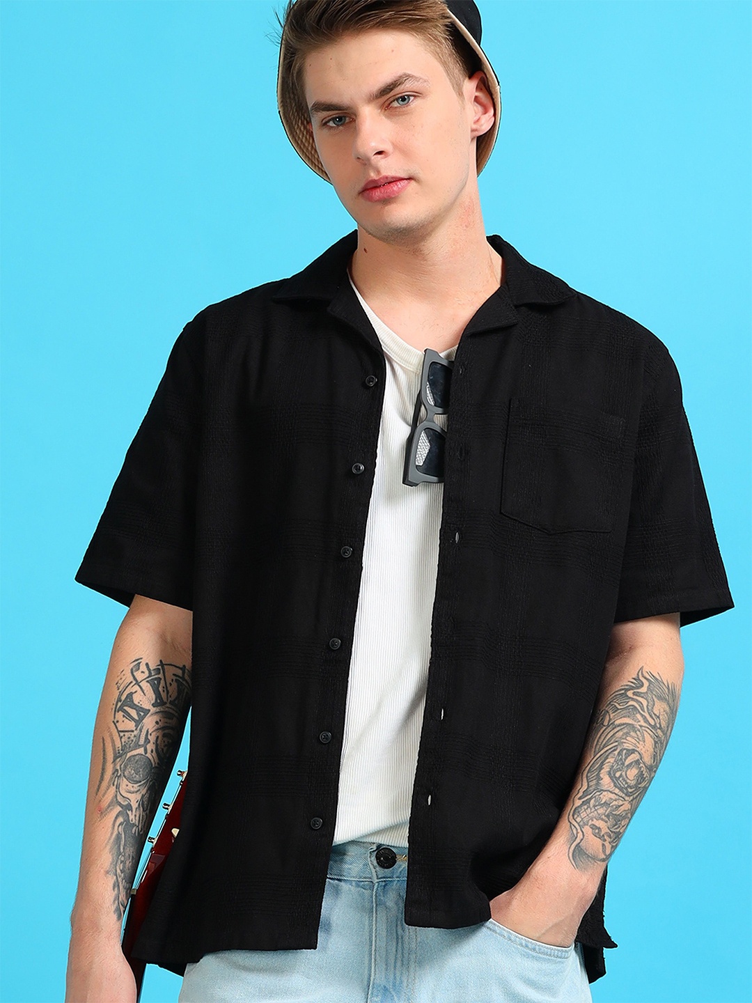 

StitchX Men Half Sleeve Textured Resort Cuban Collar Cotton Relaxed Fit Shirt, Black